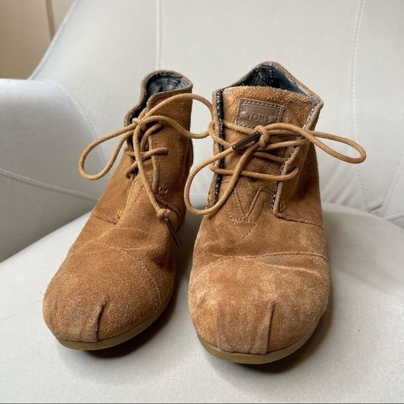 Toms Suede Desert Wedge Booties Women's Size 8 Brown Lace Up - Picture 3 of 5